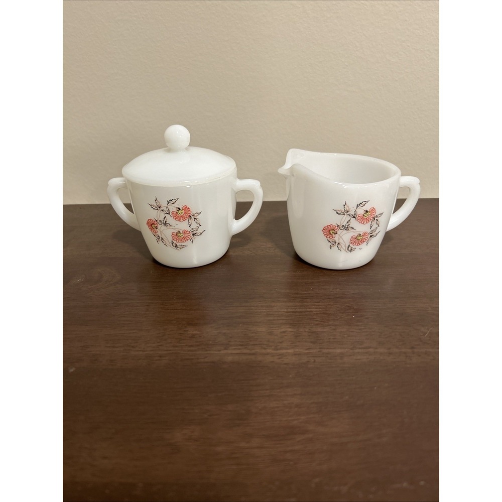 Fire King Fleurette Cream and Sugar Set Milk Glass‎ Floral Vintage
